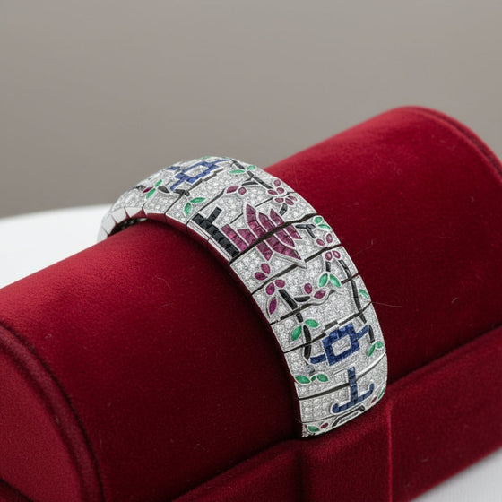 Custom Made Diamond Ruby Emerald Onyx Sapphire 18K White Gold Bracelet