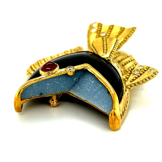 Estate Onyx, Diamond & Ruby Fish Brooch