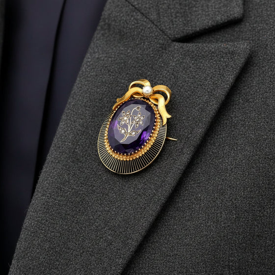 Circa 1890's Amethyst, Pearl, Diamond and 18K Yellow Gold Pendant/Brooch