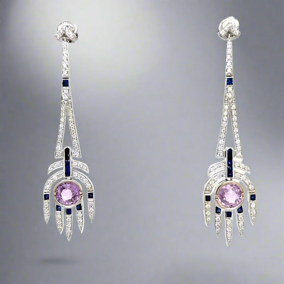Diamond, Pink and Blue Sapphire and 18K White Gold Dangle Earrings