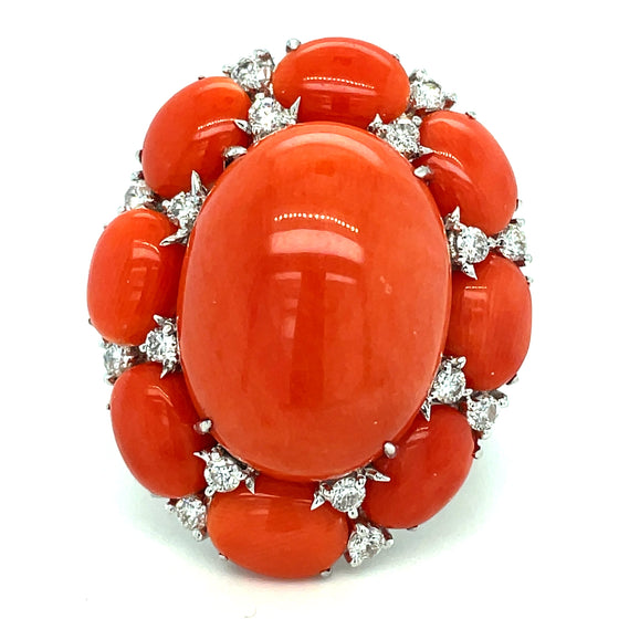 Coral and Diamond 18K White Gold Ring