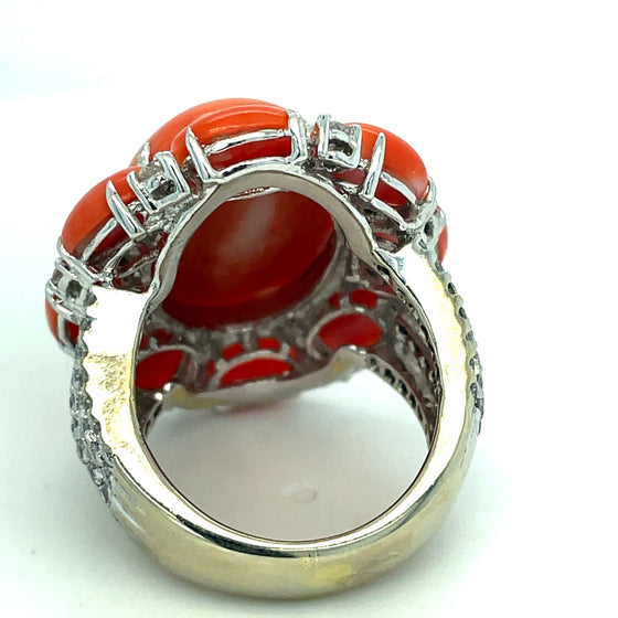 Coral and Diamond 18K White Gold Ring