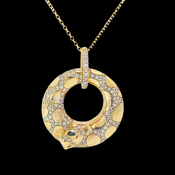 Diamond, 14K Yellow Gold and Emerald Circle Panther Necklace