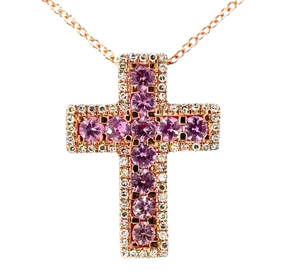 E.H. Collection Pink Sapphire & Diamond Cross Pendant With Chain 14421