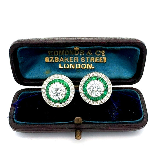 Emerald and Diamond 18K White Gold Earrings (Center Stone CZ)
