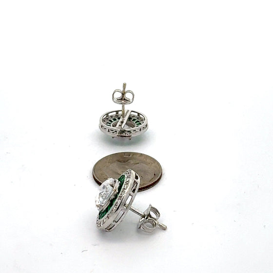 Emerald and Diamond 18K White Gold Earrings (Center Stone CZ)
