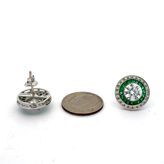 Emerald and Diamond 18K White Gold Earrings (Center Stone CZ)