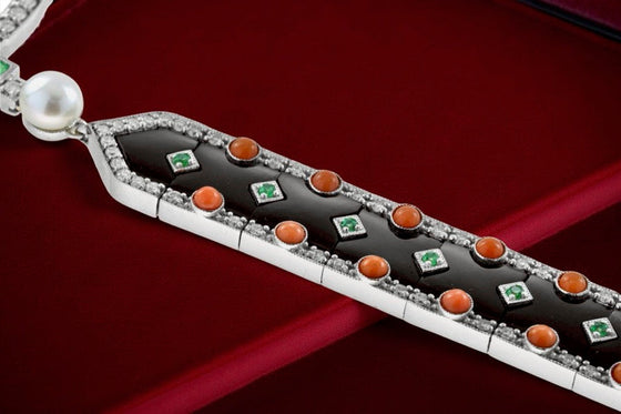 Diamond, Coral, Emerald, Pearl and Onyx 18K White Gold Necklace