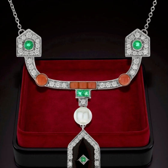 Diamond, Coral, Emerald, Pearl and Onyx 18K White Gold Necklace