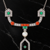 Diamond, Coral, Emerald, Pearl and Onyx 18K White Gold Necklace