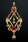 Estate Rose Cut Diamond & Pink Sapphire 14KT Yellow Gold Pendant