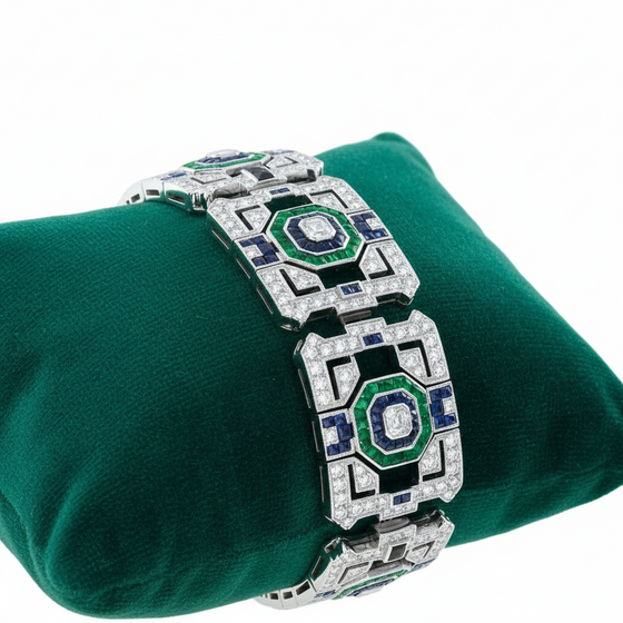 Custom Made Diamond Emerald Sapphire Onyx White Gold Bracelet 15090