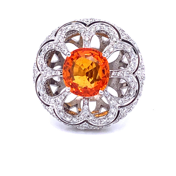 Zydo 5.10 ct Orange Sapphire and Diamond 18K White Gold Cocktail Ring