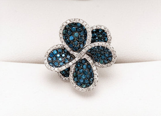 Effy Blue and White Diamond and 14K White Gold Flower Ring