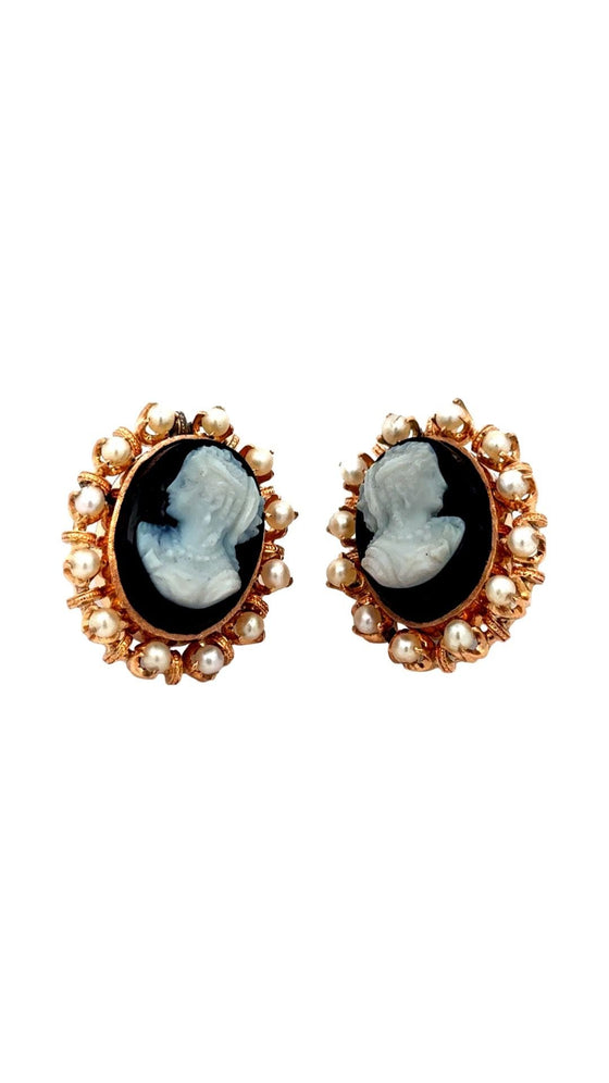 Estate Cultured Pearl Cameo 18K Yellow Gold Earrings Brooch Suite 15625