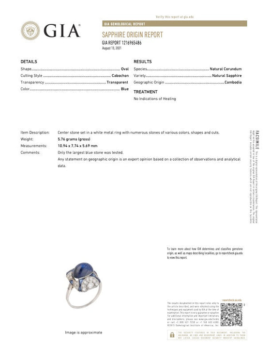 Art Deco 5.30 ct No Heat Sapphire (GIA), Diamond and Platinum Ring