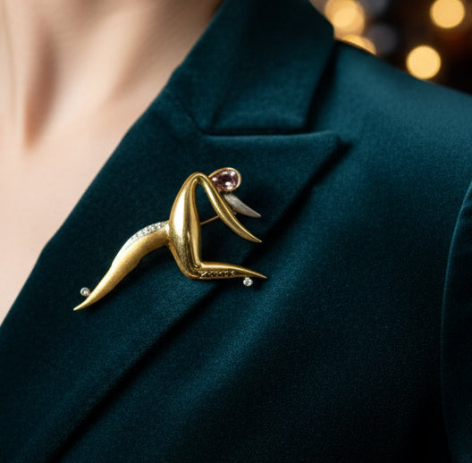 Designer Kazuo Ogana Diamond and Kunzite Platinum and 18kt Yellow Gold Ballet Dancer Pendant/Brooch