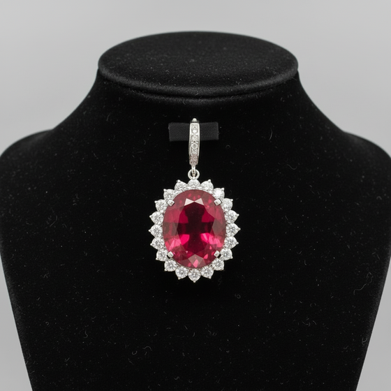 13.71ct Oval Pink Tourmaline Diamond and Platinum Pendant