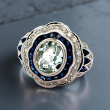  French Cut Sapphire and Diamond Aqua 18K White Gold Ring