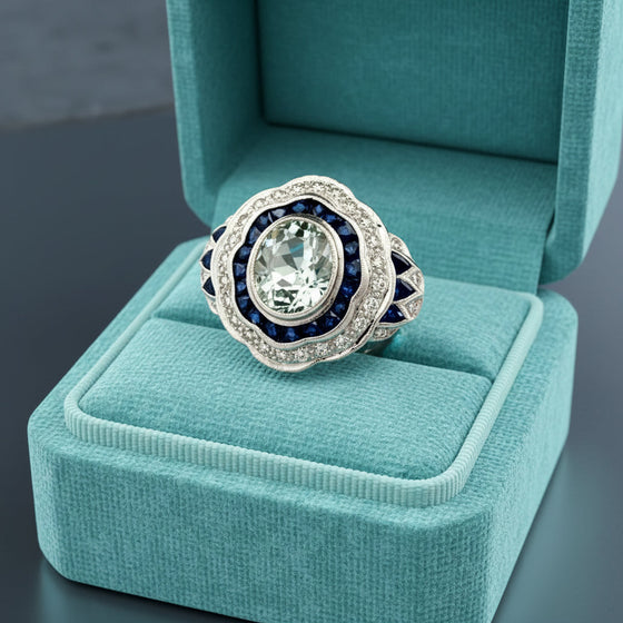 French Cut Sapphire and Diamond Aqua 18K White Gold Ring