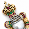 Estate Royal Coronation Diamond, Emerald, Burma Ruby, South Sea Pearl Pendant/Brooch 18Kt Yellow/White Gold