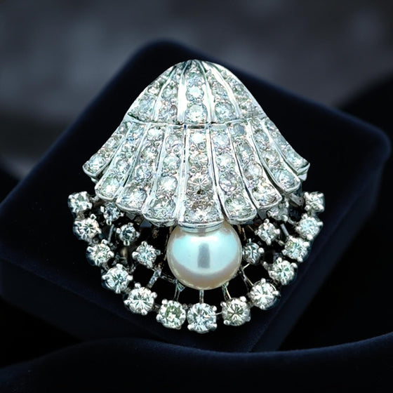 Oyster Cultured Pearl and Diamond Platinum Ring