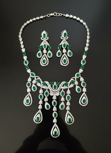  Estate Emerald and Diamond 18K White Gold Necklace and Earring Set