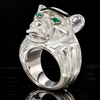Estate David Webb Carved Rock Crystal Lioness Diamond, Emerald and Black Enamel 18k White Gold / Platinum Ring