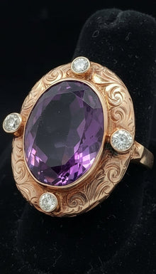  Estate 11.96 ct Oval Amethyst and Diamond 14K Yellow Gold Ring 15661