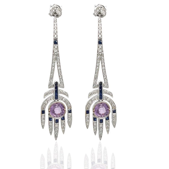 Diamond, Pink and Blue Sapphire and 18K White Gold Dangle Earrings