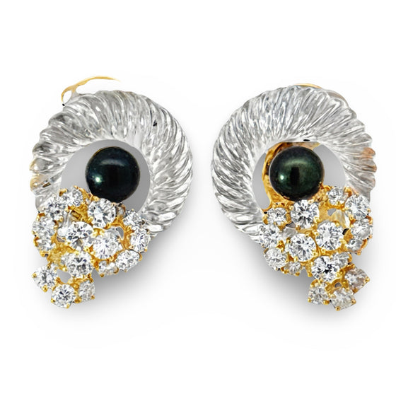 French Designer M. Gerard Rock Crystal, Tahitian Pearl and Diamond Ring, Necklace and Earring, 18K Yellow Gold Suite