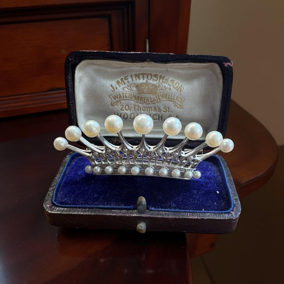 Designer Mikimoto Cultured Pearl and Platinum Crown Brooch