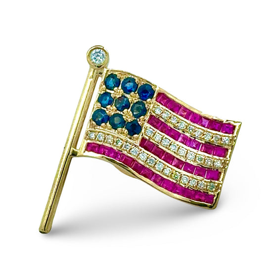 The Presidential American Flag Diamond, Ruby, Sapphire Lapel Brooch 14K Yellow Gold 15308