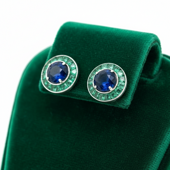 Sapphire and Emerald 18 K White Gold Earrings