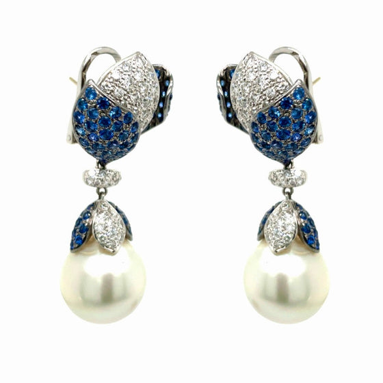 15.76-15.88mm South Sea Pearl, Diamond, Sapphire and 18K White Gold Dangle Earrings