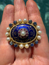 Victorian Revival Cobalt Blue Enamel, Pearl, Pink and Blue Sapphire 18K Yellow Gold Brooch