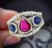  Blue Sapphire Ruby Platinum Diamond Ring