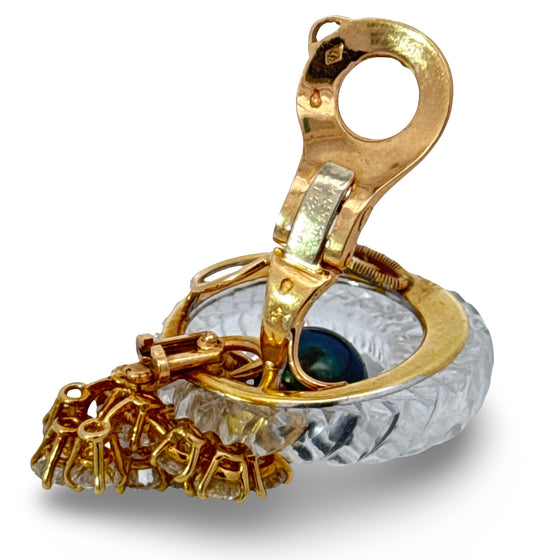 French Designer M. Gerard Rock Crystal, Tahitian Pearl and Diamond Ring, Necklace and Earring, 18K Yellow Gold Suite