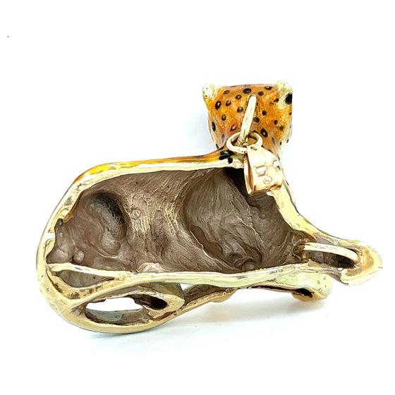 Estate Designer Jungle Cat Enamel Emerald Pendant 13393