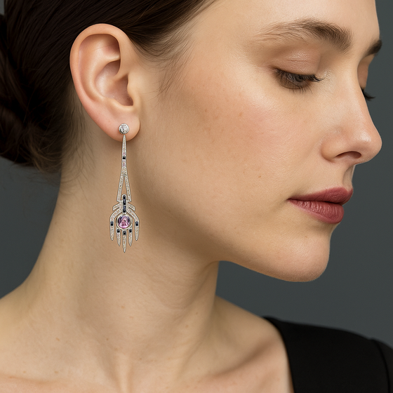 Diamond, Pink and Blue Sapphire and 18K White Gold Dangle Earrings