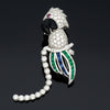 Estate Double Clip (Duette) Diamond, Onyx, Emerald, Sapphire, Ruby 18K White Gold Parrott Brooch
