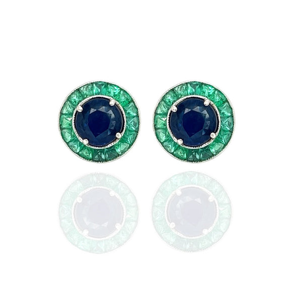 Sapphire and Emerald 18 K White Gold Earrings