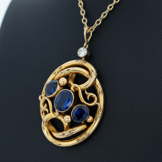 12.17 ct Ceylon Sapphire, Diamond and 12K Yellow Gold Necklace