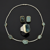 Modern Designer Rough Cut Aquamarine, Silver & 18kt Yellow Gold Set