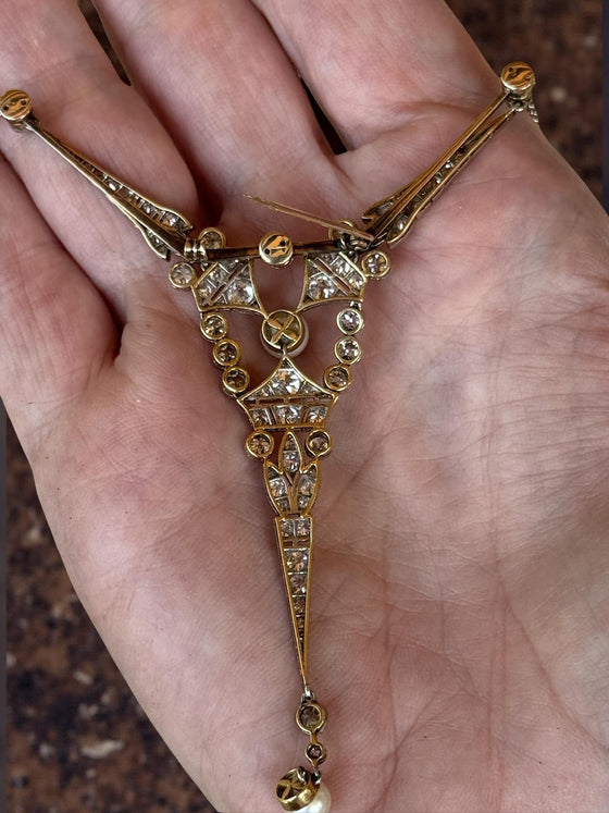 Art Deco Set Diamond and Pearl Bangle, Necklace, Earring, Brooch