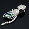 Estate Double Clip (Duette) Diamond, Onyx, Emerald, Sapphire, Ruby 18K White Gold Parrott Brooch