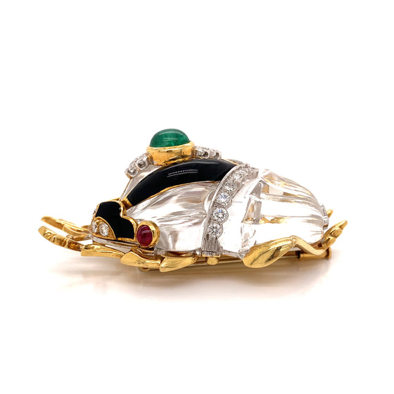 David Webb Rock Crystal, Diamond, Emerald, Ruby and Onyx Platinum and 18K Yellow Gold Beetle Brooch