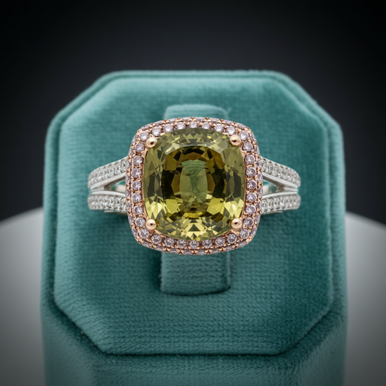 Natural 4.69ct Color Change Alexandrite and Natural Pink White Diamond 18Kt Ring (GIA)