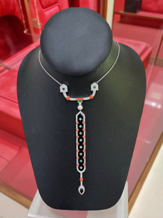 Diamond, Coral, Emerald, Pearl and Onyx 18K White Gold Necklace