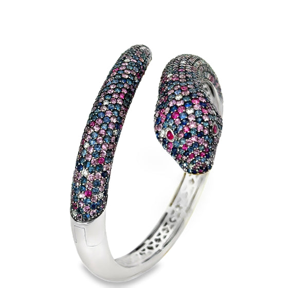 Roberto Coin Animalier Multi Color Sapphire and Diamond 18K White Gold Snake Bangle